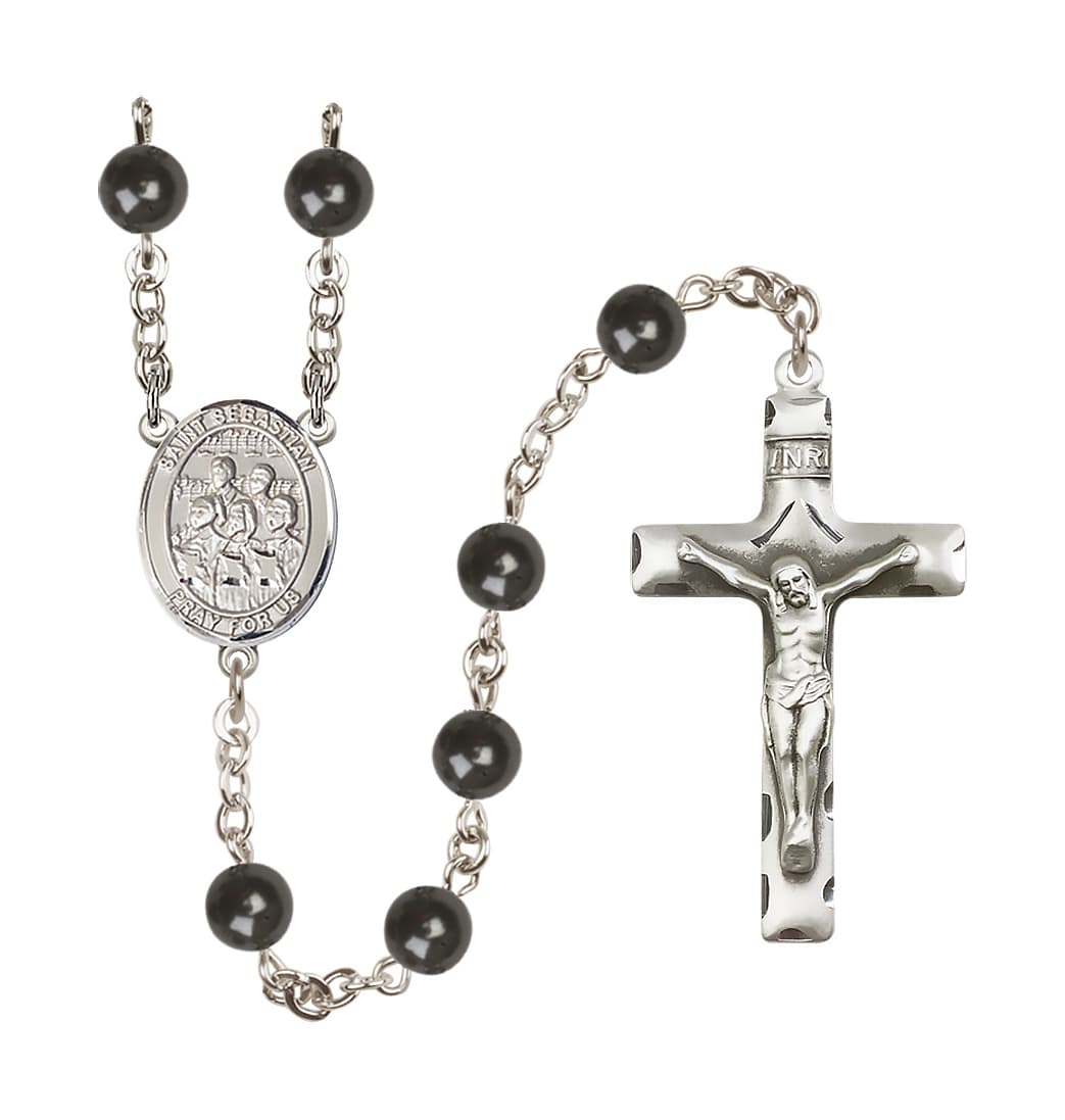 Bliss St Sebastian Choir 7mm Round Black Bead Rosary,