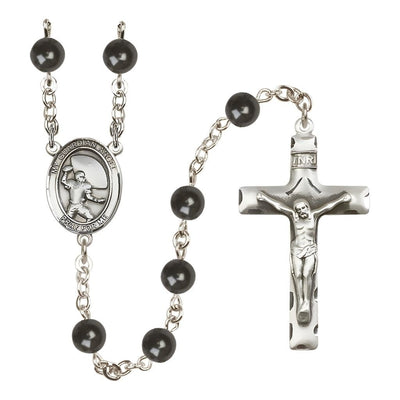 Guardian Angel Football 7mm Black Onyx Bead Catholic Rosary with Pewter Centerpiece and Crucifix, Bliss Manufacturing
