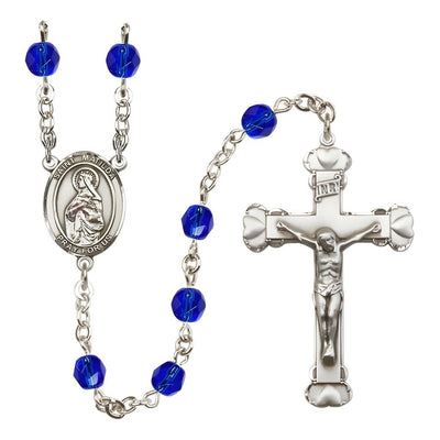 St. Matilda Rosary with Pewter Heart Crucifix and Centerpiece, Birthstone 6mm Fire Polished Sapphire Beads for September, Bliss Manufacturing