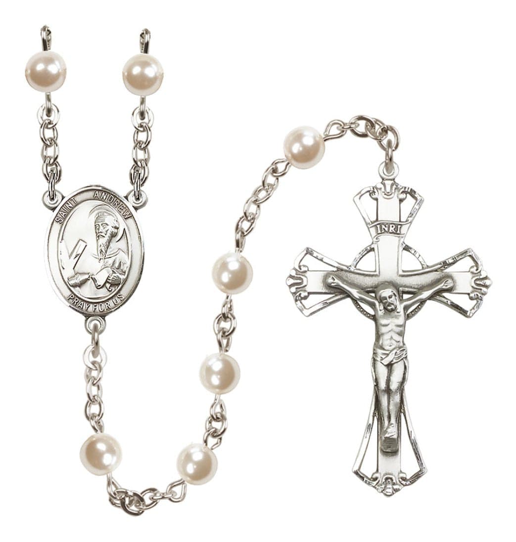 Silver Plated 6mm Cream, Imitation Pearl Saint Andrew the Apostle Rosary