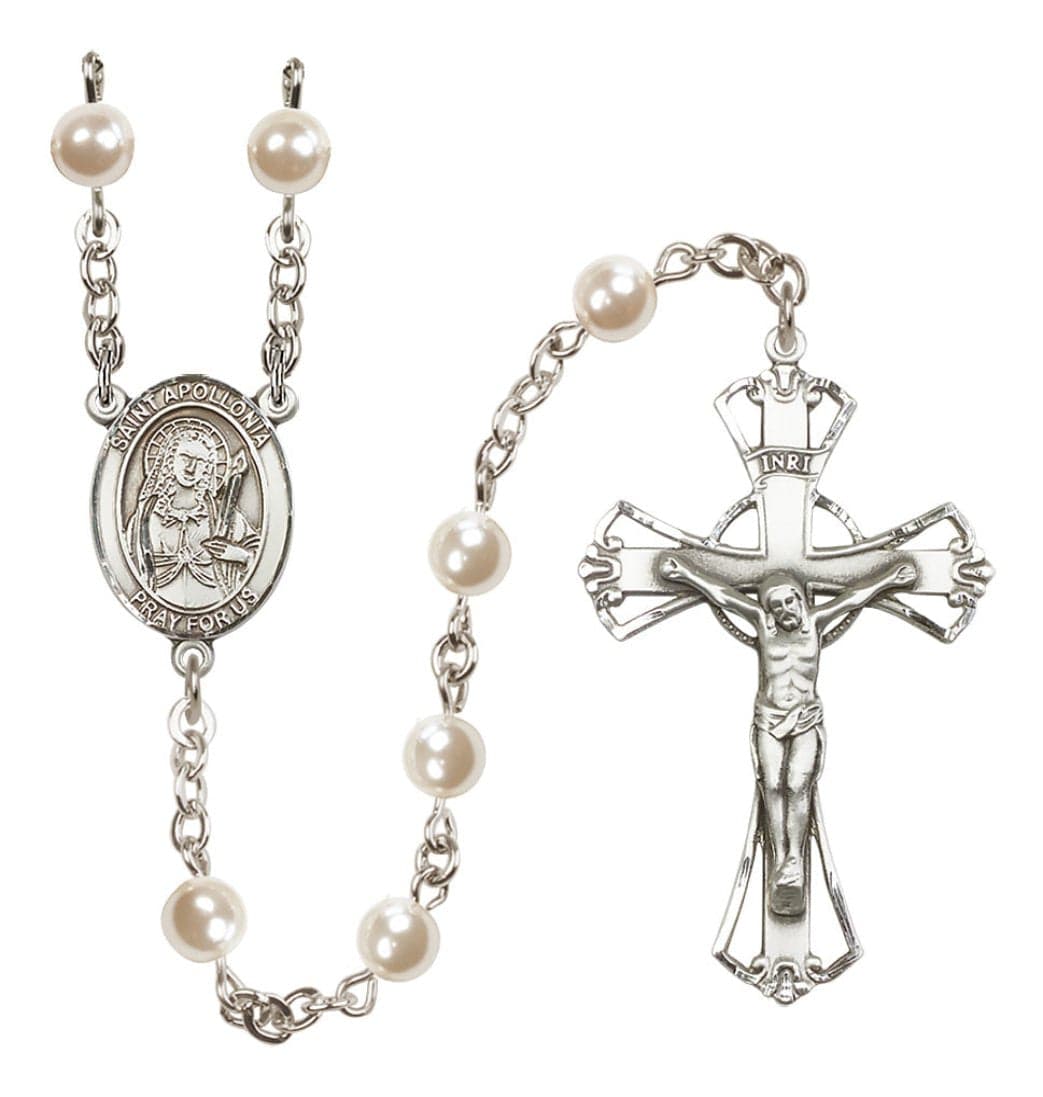 Bliss Silver Plated 6mm Cream, Imitation Pearl Saint Apollonia Rosary