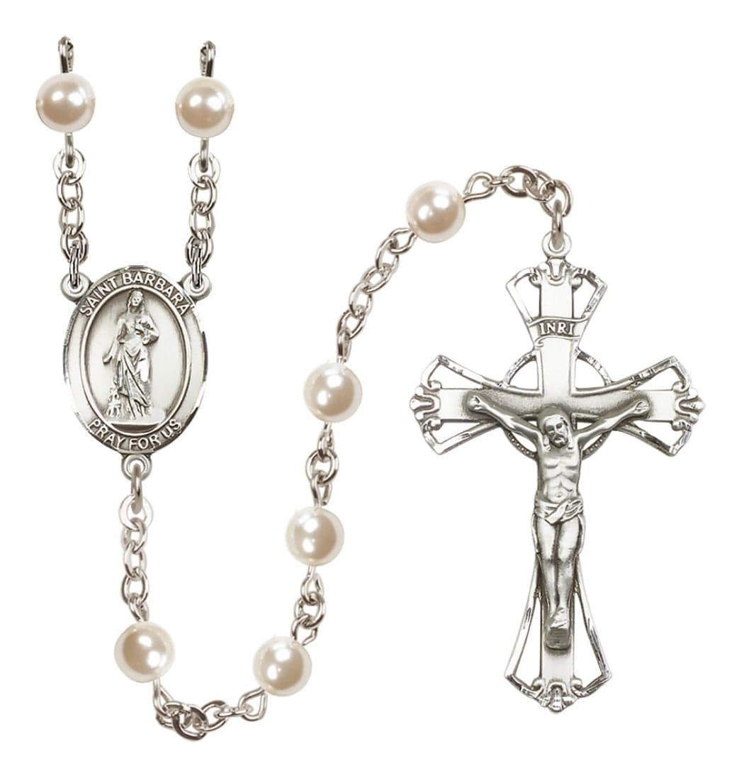 Bliss Silver Plated 6mm Cream, Imitation Pearl Saint Barbara Rosary,