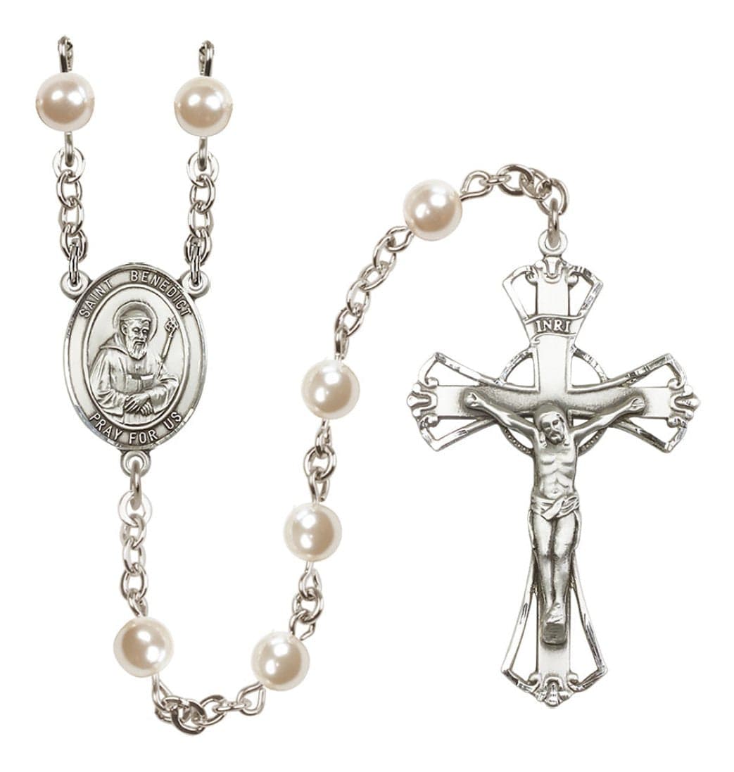 Bliss Silver Plated 6mm Cream, Imitation Pearl Saint Benedict Rosary