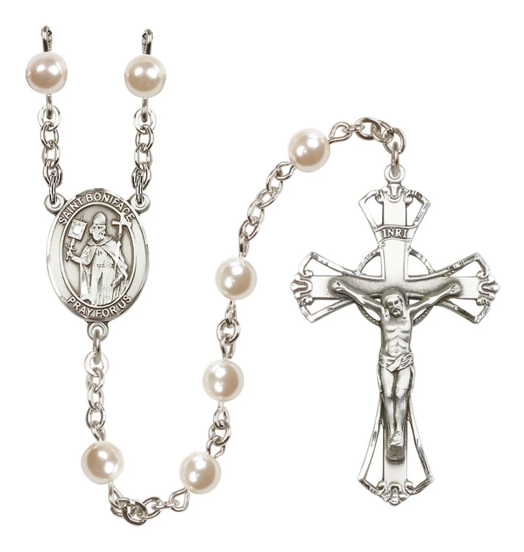 Bliss Silver Plated 6mm Cream, Imitation Pearl Saint Boniface Rosary,