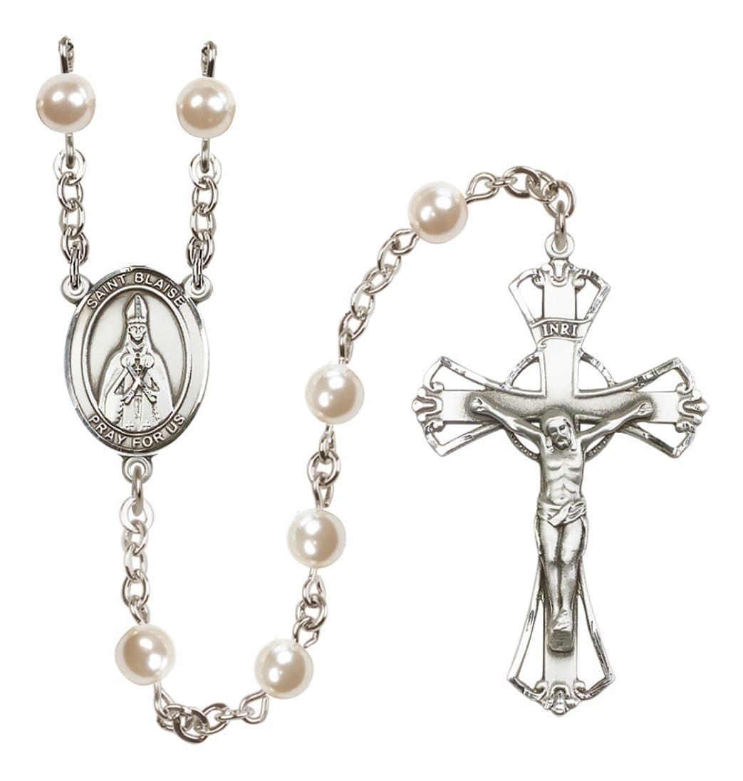 Silver Plated 6mm Cream, Imitation Pearl Saint Blaise Rosary,