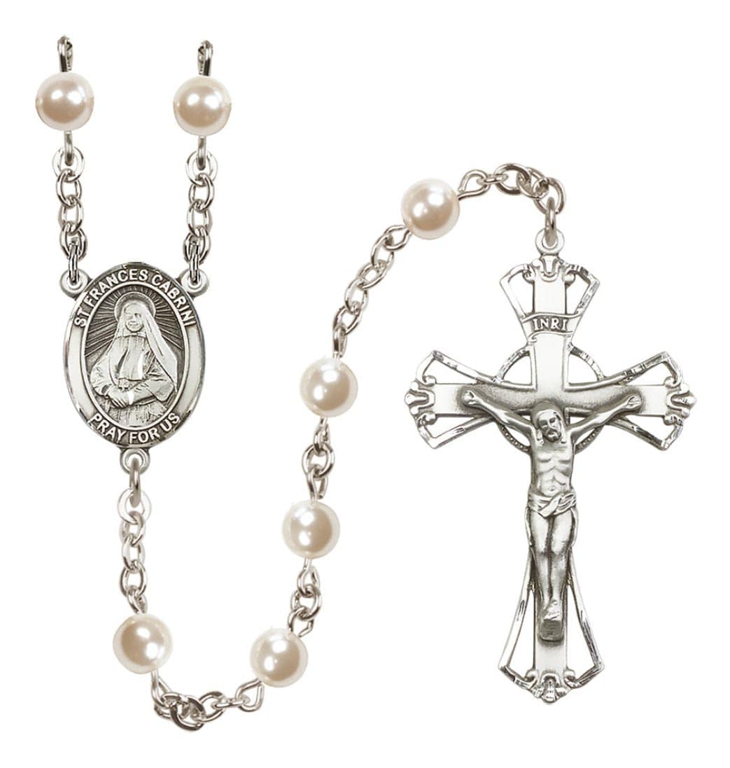 Bliss Silver Plated 6mm Cream, Imitation Pearl Saint Frances Cabrini Rosary,