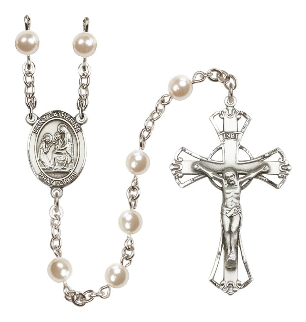 Bliss Silver Plated 6mm Cream, Imitation Pearl Saint Catherine of Siena Rosary,