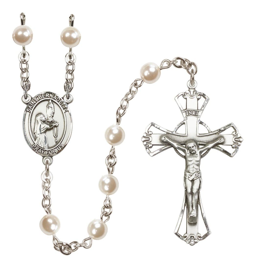 Silver Plated 6mm Cream, Imitation Pearl Saint Bernadette Rosary,