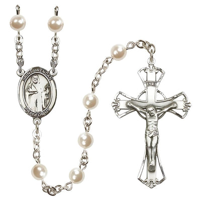 St. Brendan the Navigator Faux Cream Pearl Rosary with Gift Box, Pewter Crucifix and Centerpiece. Made in USA, Bliss Manufacturing