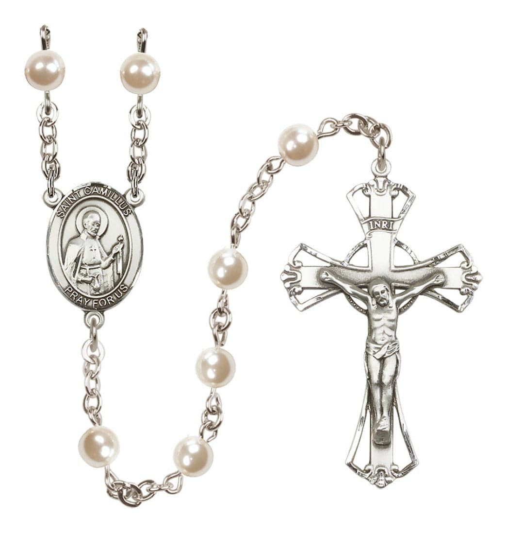 Silver Plated 6mm Cream, Imitation Pearl Saint Camillus of Lellis Rosary