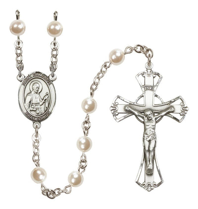 Silver Plated 6mm Cream, Imitation Pearl Saint Camillus of Lellis Rosary, Bliss Manufacturing