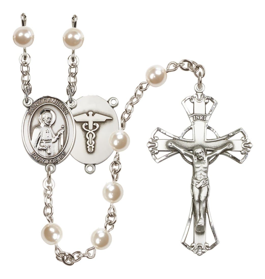 Bliss Silver Plated 6mm Cream, Imitation Pearl Saint Camillus of Lellis / Nurse Rosary,