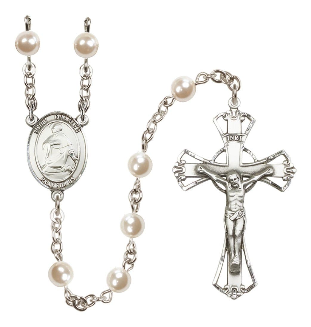 Bliss Silver Plated 6mm Cream, Imitation Pearl Saint Charles Borromeo Rosary,