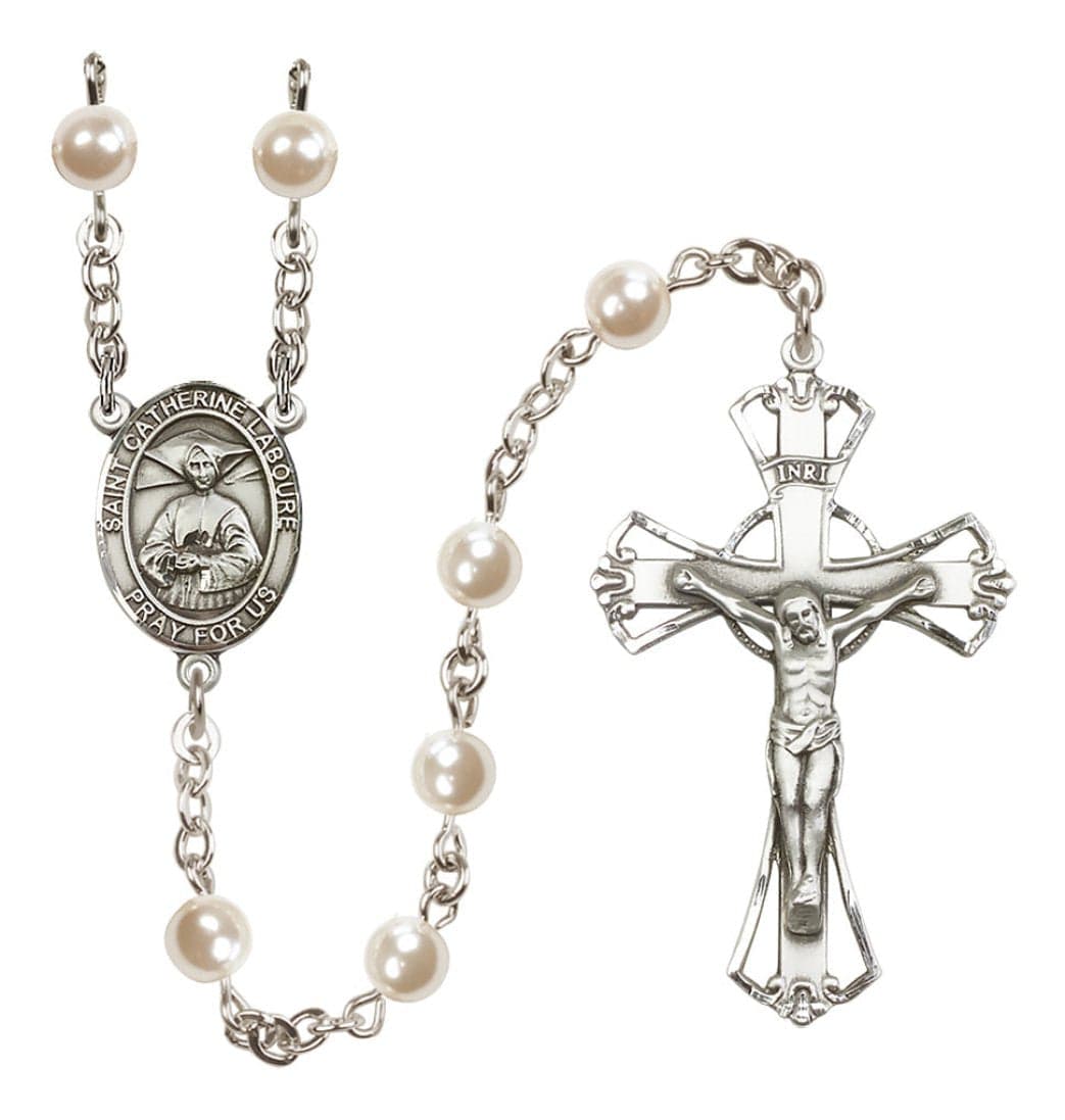 Bliss Silver Plated 6mm Cream, Imitation Pearl Saint Catherine Laboure Rosary,