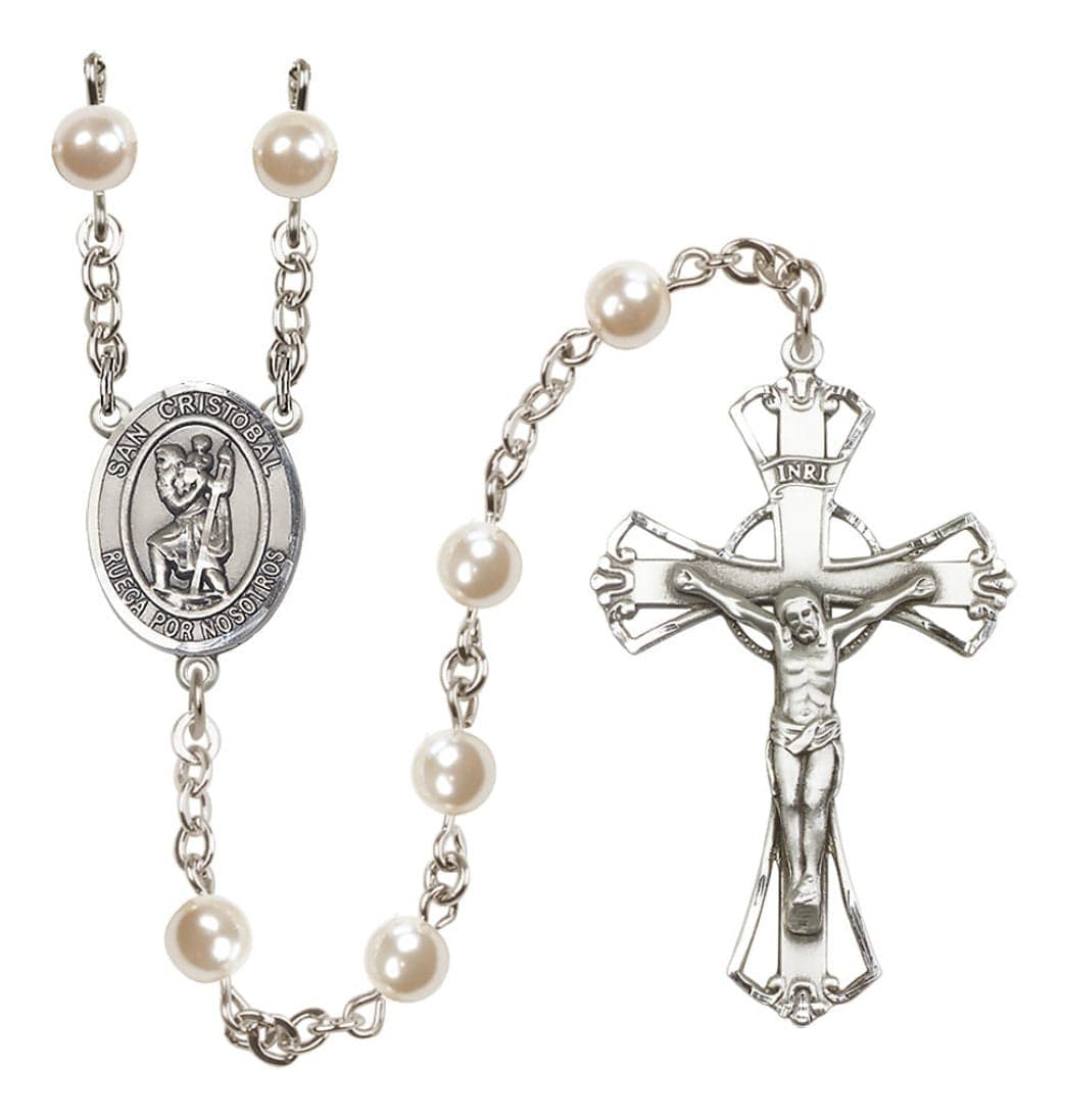 Silver Plated 6mm Cream, Imitation Pearl San Cristobal Rosary,