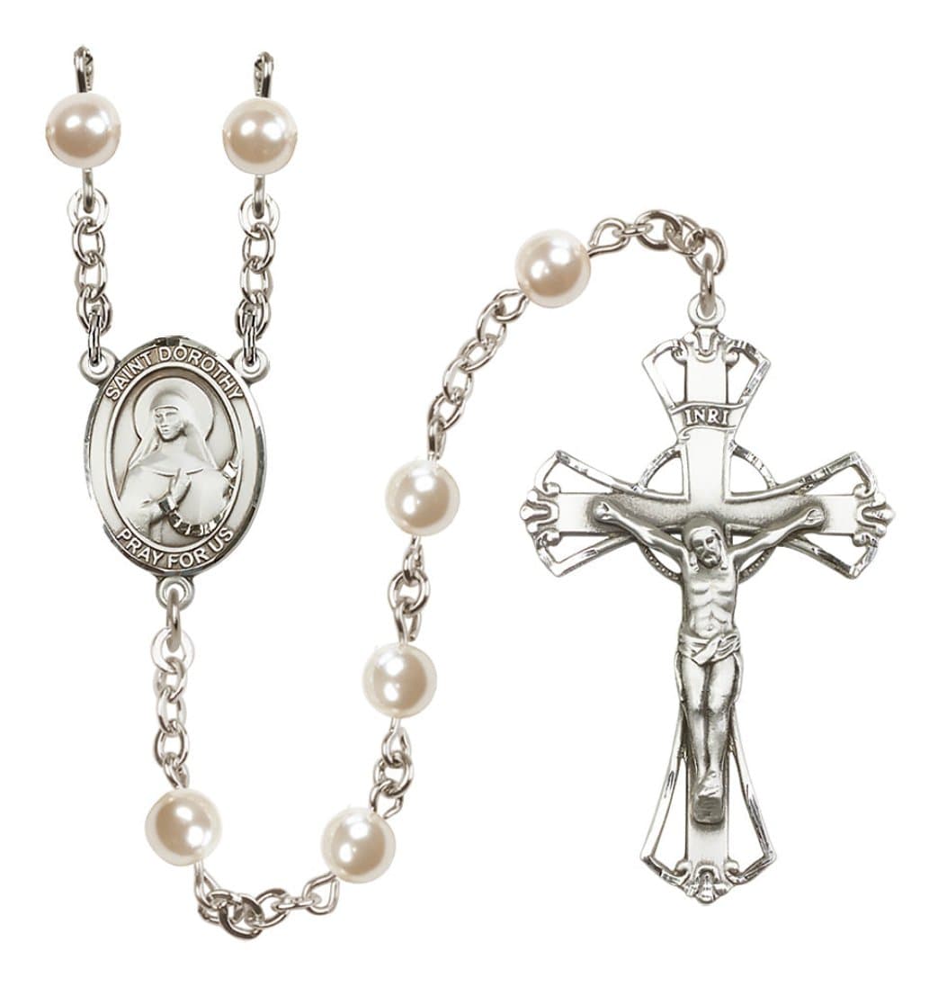 Silver Plated 6mm Cream, Imitation Pearl Saint Dorothy Rosary,