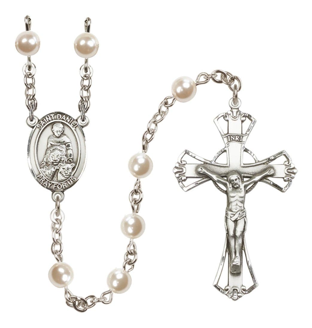 Bliss Silver Plated 6mm Cream, Imitation Pearl Saint Daniel Rosary,