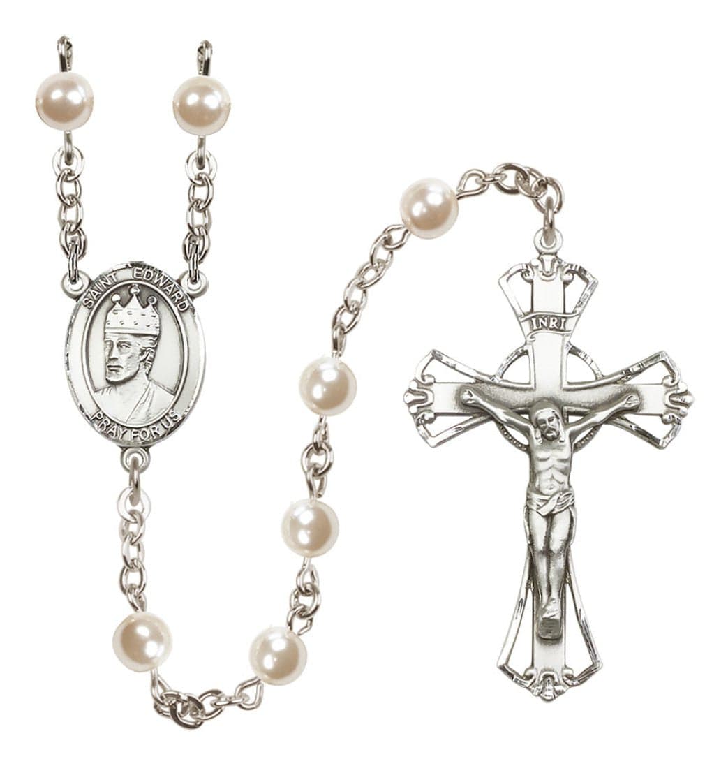 Silver Plated 6mm Cream, Imitation Pearl Saint Edward the Confessor Rosary,