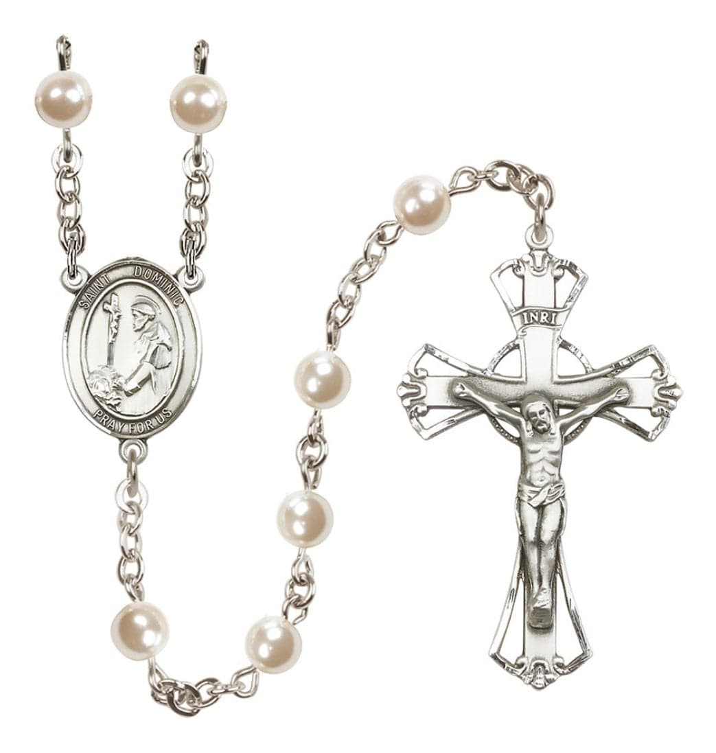 Bliss Silver Plated 6mm Cream, Imitation Pearl Saint Dominic de Guzman Rosary