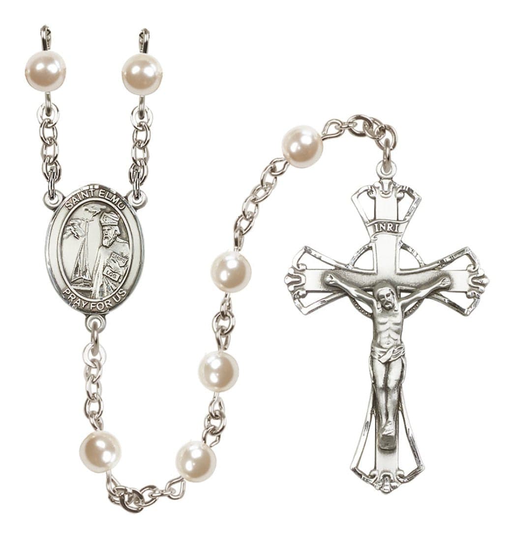 Bliss Silver Plated 6mm Cream, Imitation Pearl Saint Elmo Rosary,