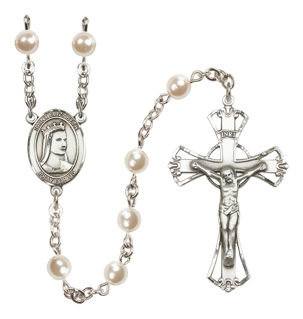 Bliss Silver Plated 6mm Cream, Imitation Pearl Saint Elizabeth of Hungary Rosary,