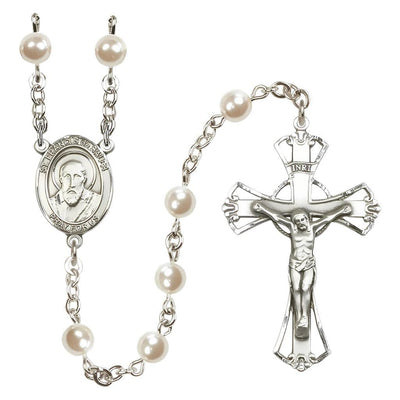 St. Francis de Sales 6mm Pearl Catholic Rosary with pewter centerpiece and crucifix, handmade in the USA, Bliss Manufacturing