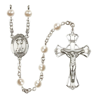 Silver Plated 6mm Cream, Imitation Pearl Saint Francis of Assisi Rosary, Bliss Manufacturing