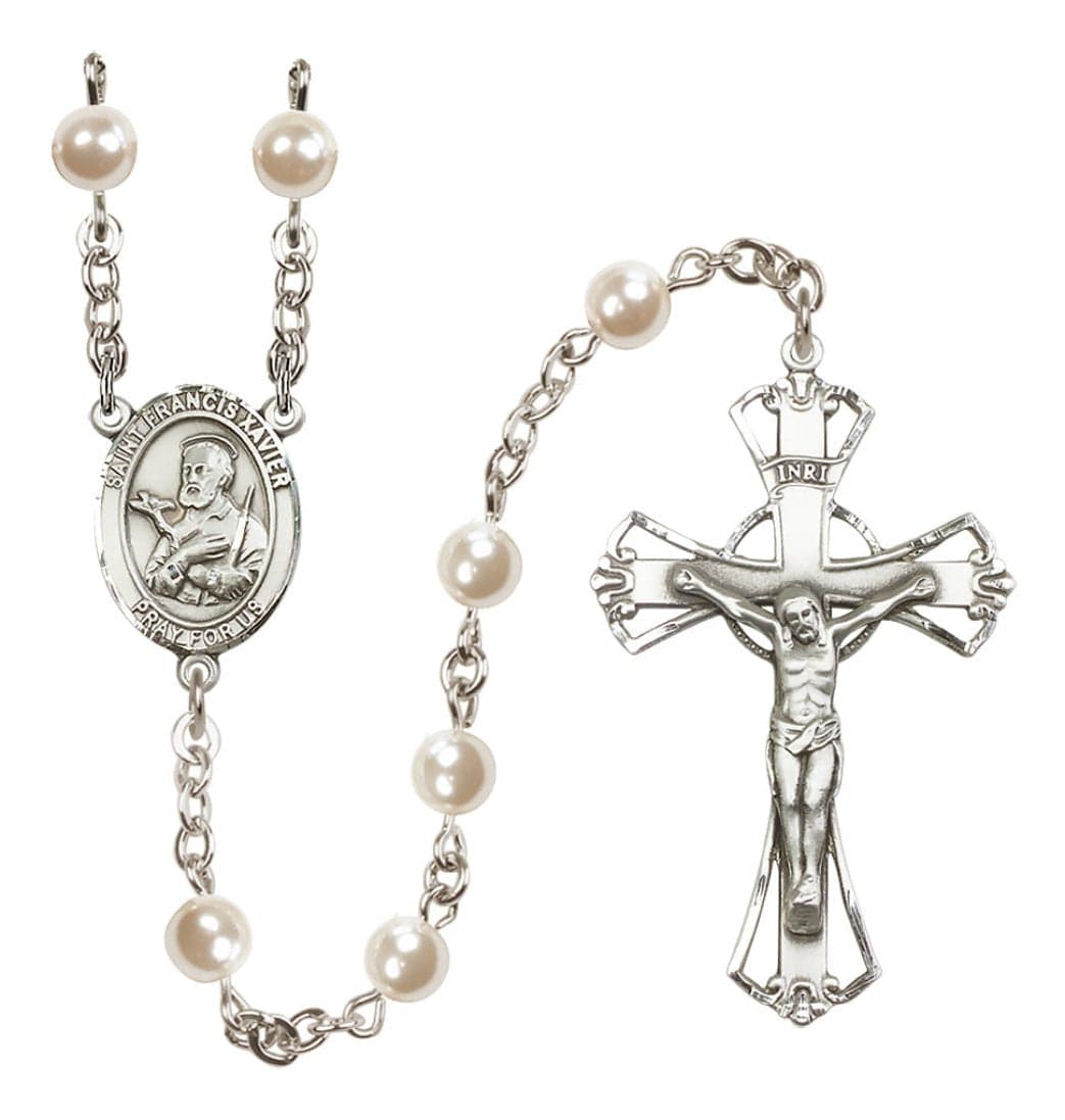 Bliss Silver Plated 6mm Cream, Imitation Pearl Saint Francis Xavier Rosary,