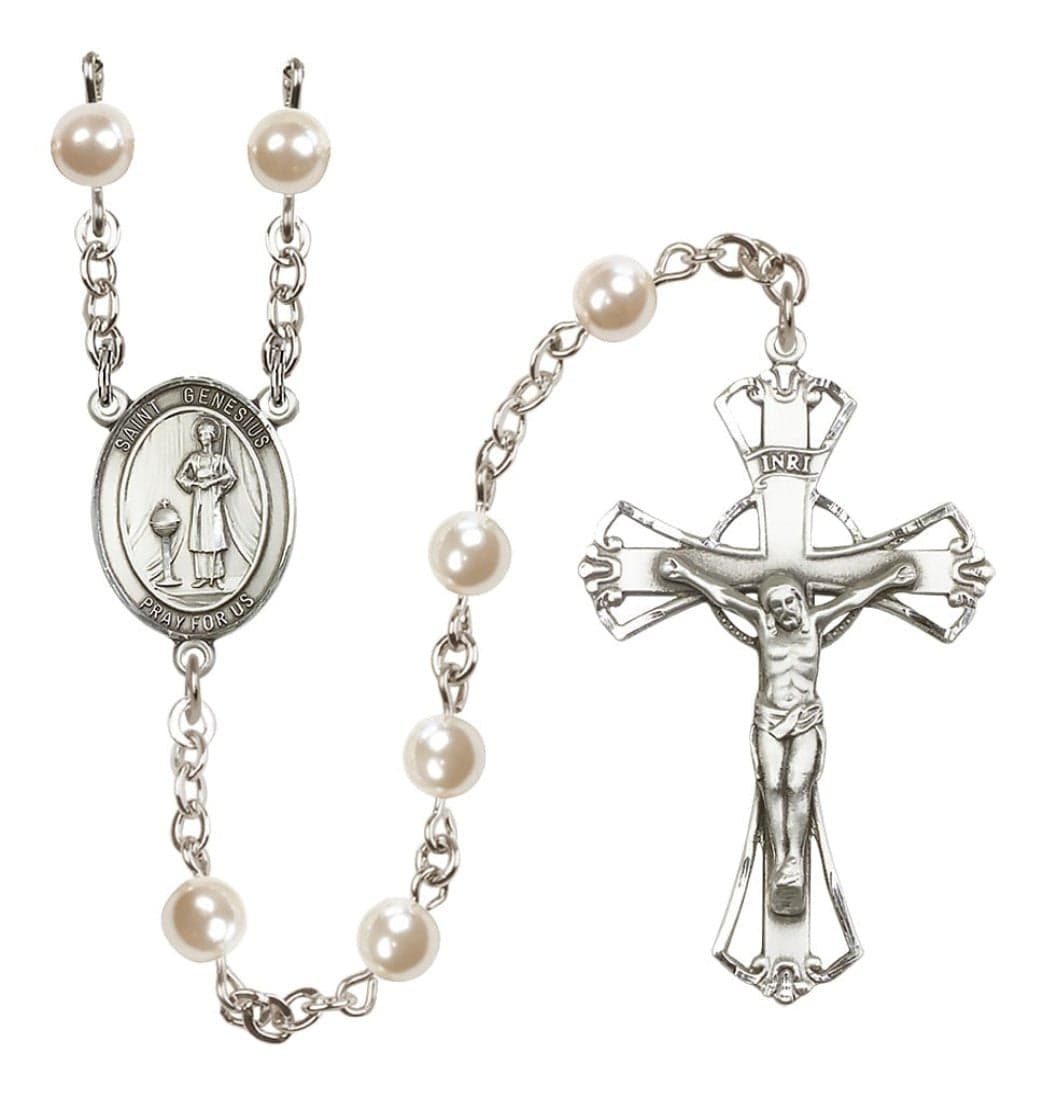 Bliss Silver Plated 6mm Cream, Imitation Pearl Saint Genesius of Rome Rosary