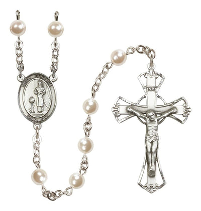 Silver Plated 6mm Cream, Imitation Pearl Saint Genesius of Rome Rosary, Bliss Manufacturing