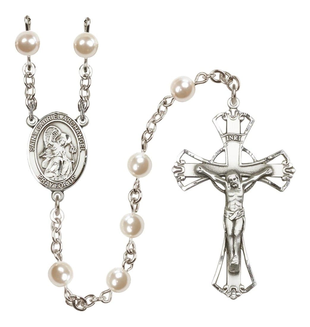 Bliss Silver Plated 6mm Cream, Imitation Pearl Saint Gabriel the Archangel Rosary,