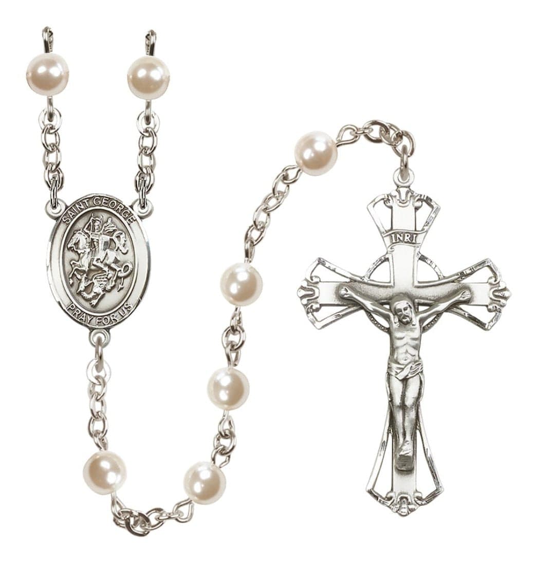 Bliss Silver Plated 6mm Cream, Imitation Pearl Saint George Rosary,