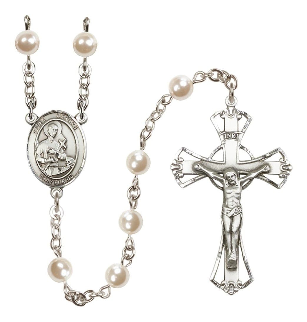 Bliss Silver Plated 6mm Cream, Imitation Pearl Saint Gerard Majella Rosary,