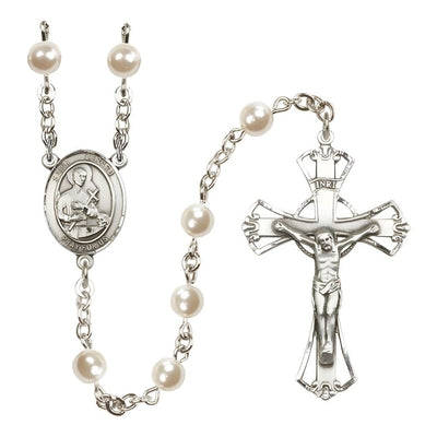 St. Gerard Majella 6mm Pearl Catholic Rosary with Pewter Centerpiece and Crucifix, Bliss Manufacturing