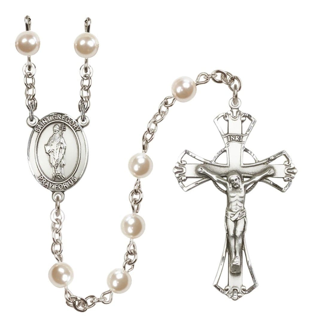 Bliss Silver Plated 6mm Cream, Imitation Pearl Saint Gregory the Great Rosary,