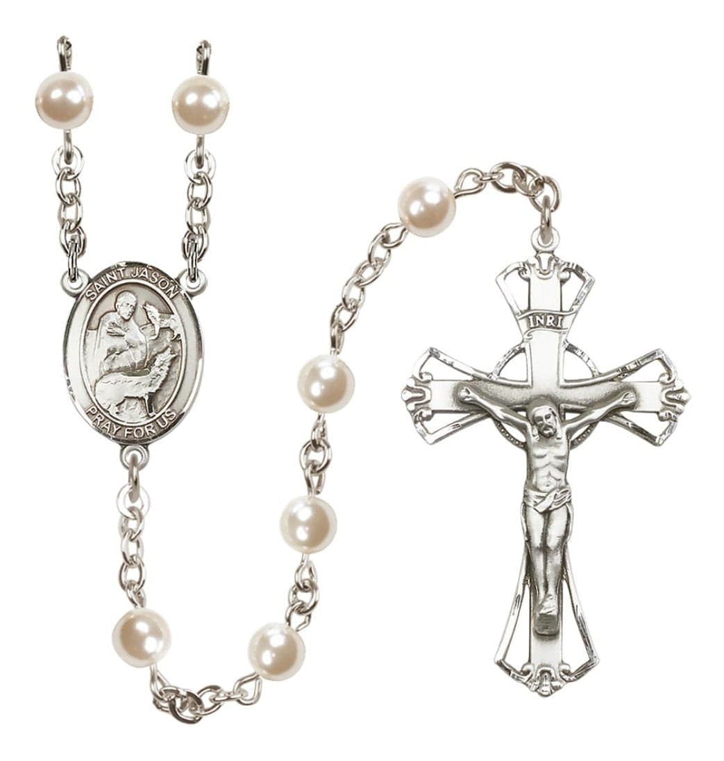 Bliss Silver Plated 6mm Cream, Imitation Pearl Saint Jason Rosary,