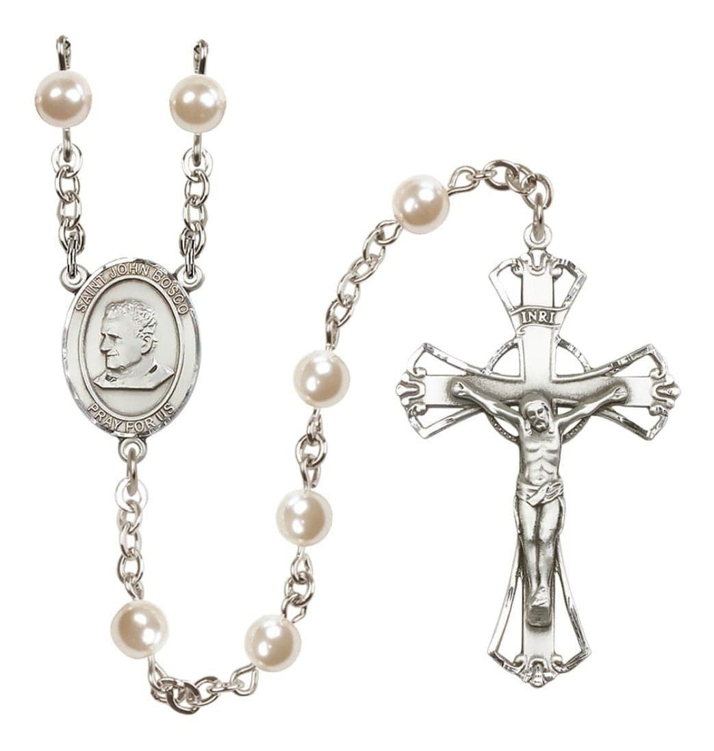 Silver Plated 6mm Cream, Imitation Pearl Saint John Bosco Rosary,