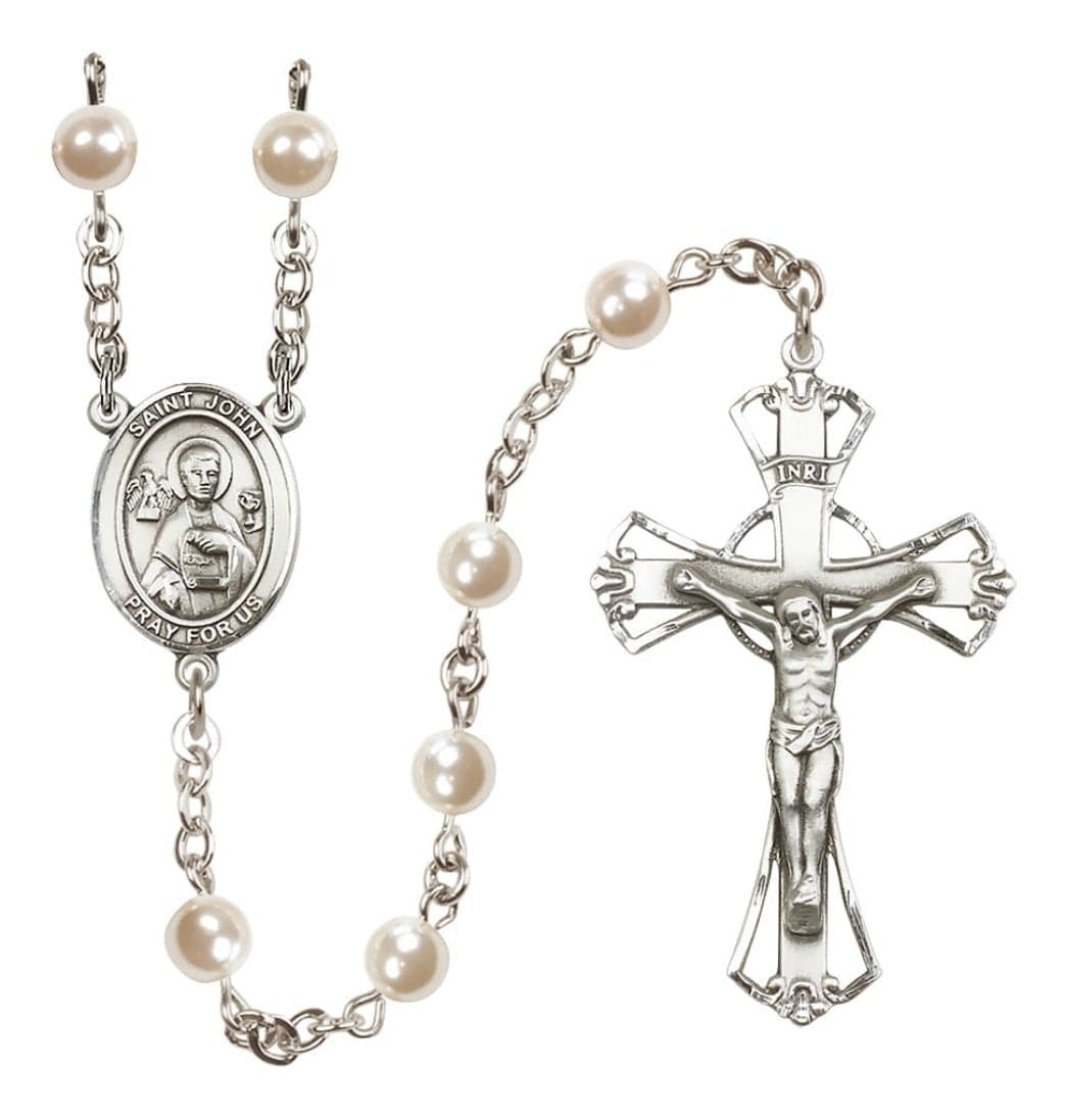 Bliss Silver Plated 6mm Cream, Imitation Pearl Saint John the Apostle Rosary,