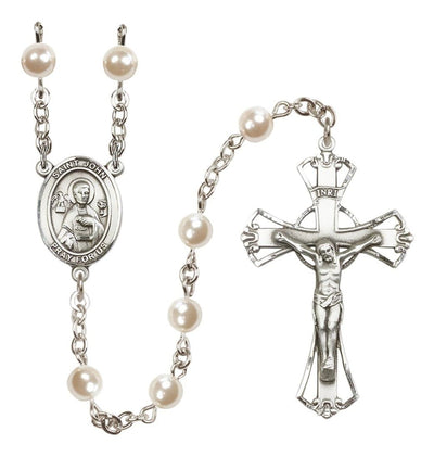 Silver Plated 6mm Cream, Imitation Pearl Saint John the Apostle Rosary, Bliss Manufacturing