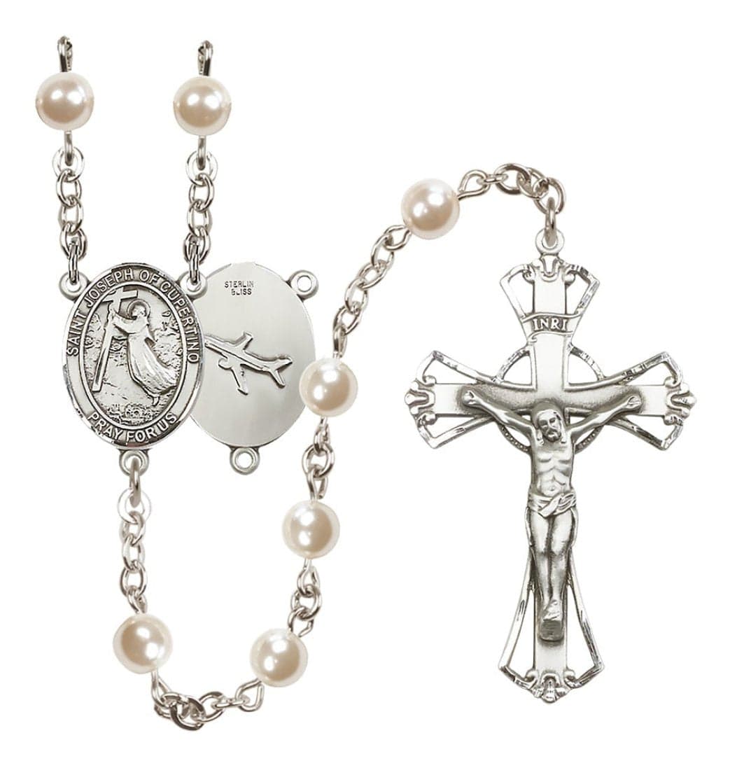 Silver Plated 6mm Cream, Imitation Pearl Saint Joseph of Cupertino Rosary with an Airplane on Back,