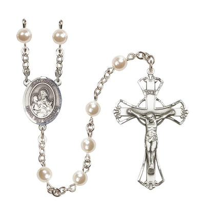 San Jose 6mm Faux Pearl Bead Silver-plated Rosary with Pewter Centerpiece and Crucifix, Made in USA, Bliss Manufacturing