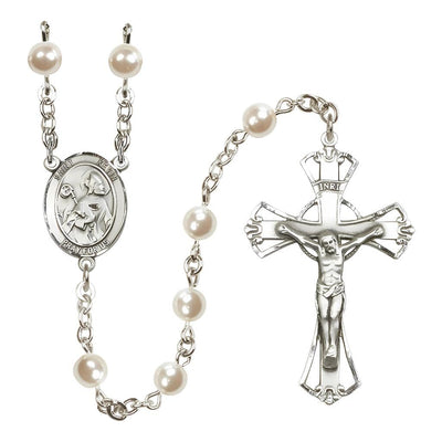 St. Kevin 6mm Pearl Catholic Rosary with pewter centerpiece and crucifix, handmade in the USA, Bliss Manufacturing