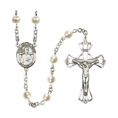 St. Lawrence 6mm Faux Crystal Pearl Silver-plated Rosary with Pewter Crucifix and Centerpiece, Bliss Manufacturing