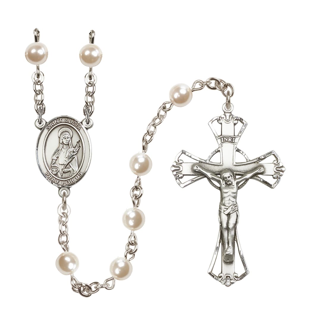 Bliss St Lucia of Syracuse 6mm Faux Pearl Silver-plated Rosary,