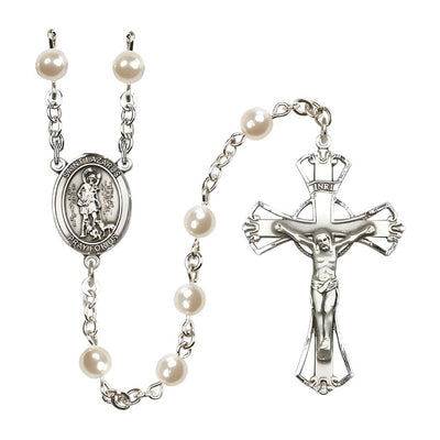 St. Lazarus 6mm Pearl Catholic Rosary with pewter centerpiece and crucifix, handmade in the USA, Bliss Manufacturing