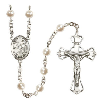 St. Luke the Apostle 6mm Pearl Catholic Rosary with Pewter Centerpiece and Crucifix, Bliss Manufacturing