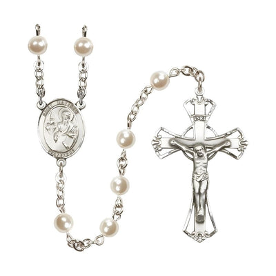 St Matthew the Apostle 6mm Faux Pearl Bead Silver-plated Rosary with Pewter Center and Crucifix, Bliss Manufacturing