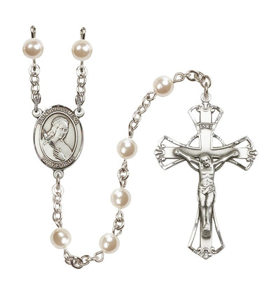 St Philomena 6mm Faux Pearl Bead Rosary, silver-plated, Bliss Manufacturing