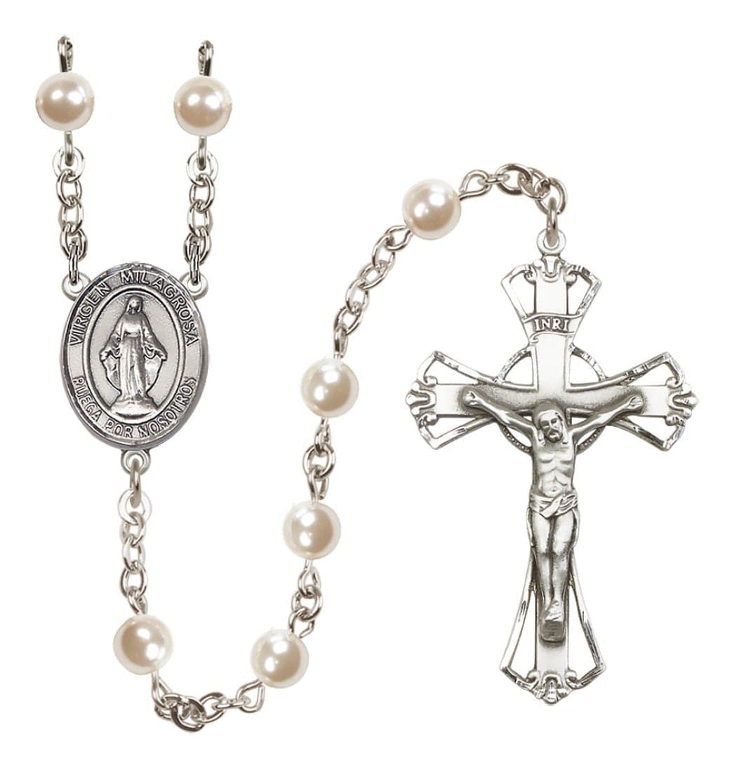 Bliss Silver Plated 6mm Cream, Imitation Pearl Virgen Milagrosa Rosary,