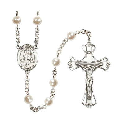 St Nicholas 6mm Faux Pearl Bead Rosary with Pewter Centerpiece and Crucifix, Bliss Manufacturing